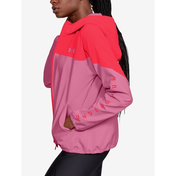 Under Armour Jacket Windbreaker Small Pink Orange Zip Up Loose Fit Hooded Pit to - Picture 6 of 13